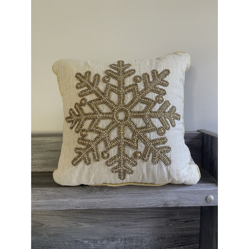 34th & Pine Beige Gold Beaded Snowflake Holiday Decorative Throw Pillow 12x12in